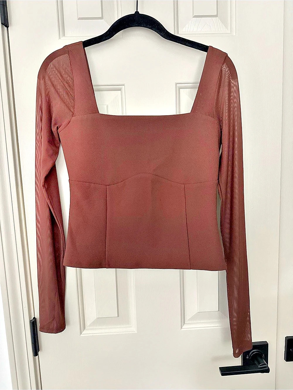 Abercrombie & Fitch Long Sleeve Square Neck Mesh Top Brown Medium